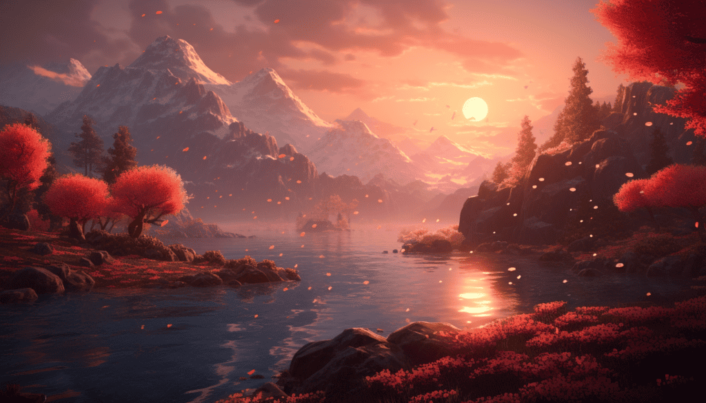 Mountains and red trees and rising sun