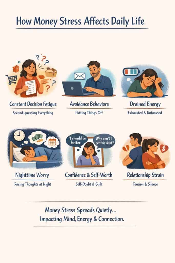 Illustration showing six effects of money stress—decision fatigue, avoidance, drained energy, nighttime worry, low self-worth, and relationship strain. Text shares how money stress impacts mind and connection and hints at how to reduce money stress.