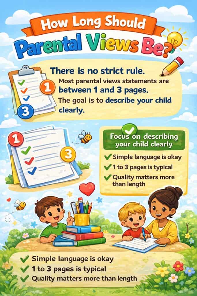 An infographic titled "How Long Should Parental Views Be?" explains that 1-3 pages is typical for EHCP parental views, simple language is fine, and quality matters more than length, with illustrations of parents and children.