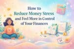A calm person meditates near floating coins and financial items, with the text: "How to Reduce Money Stress and Manage Emotional Spending Habits for Better Control of Your Finances.