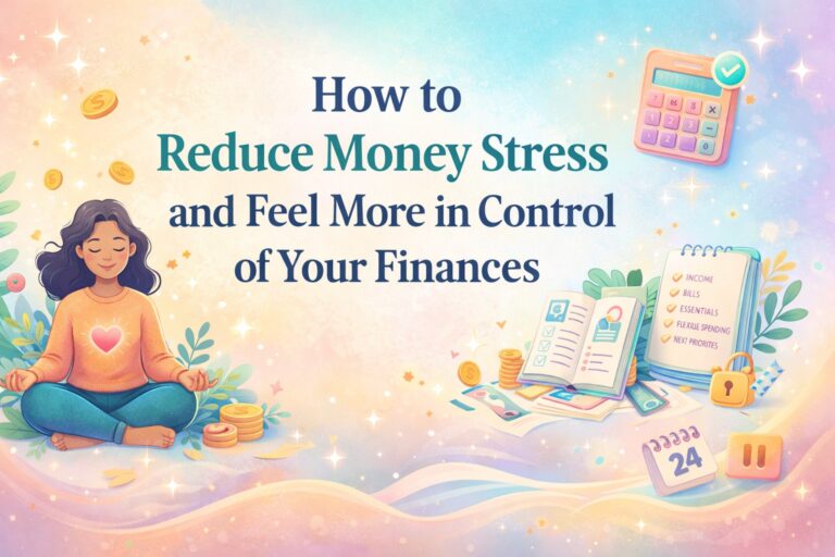 A calm person meditates near floating coins and financial items, with the text: "How to Reduce Money Stress and Manage Emotional Spending Habits for Better Control of Your Finances.