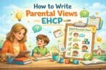 A woman and a young boy sit at a desk with papers and pencils, looking over a parental views EHCP template surrounded by educational icons and symbols, seeking ideas on what to write in parental views EHCP.