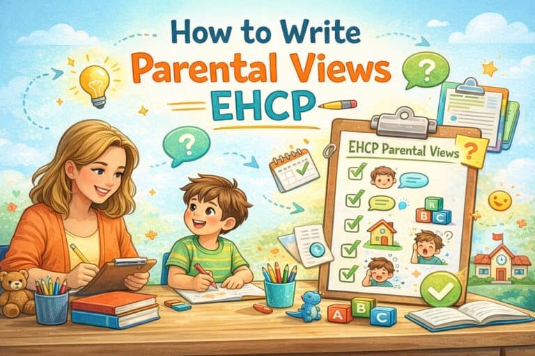A woman and a young boy sit at a desk with papers and pencils, looking over a parental views EHCP template surrounded by educational icons and symbols, seeking ideas on what to write in parental views EHCP.