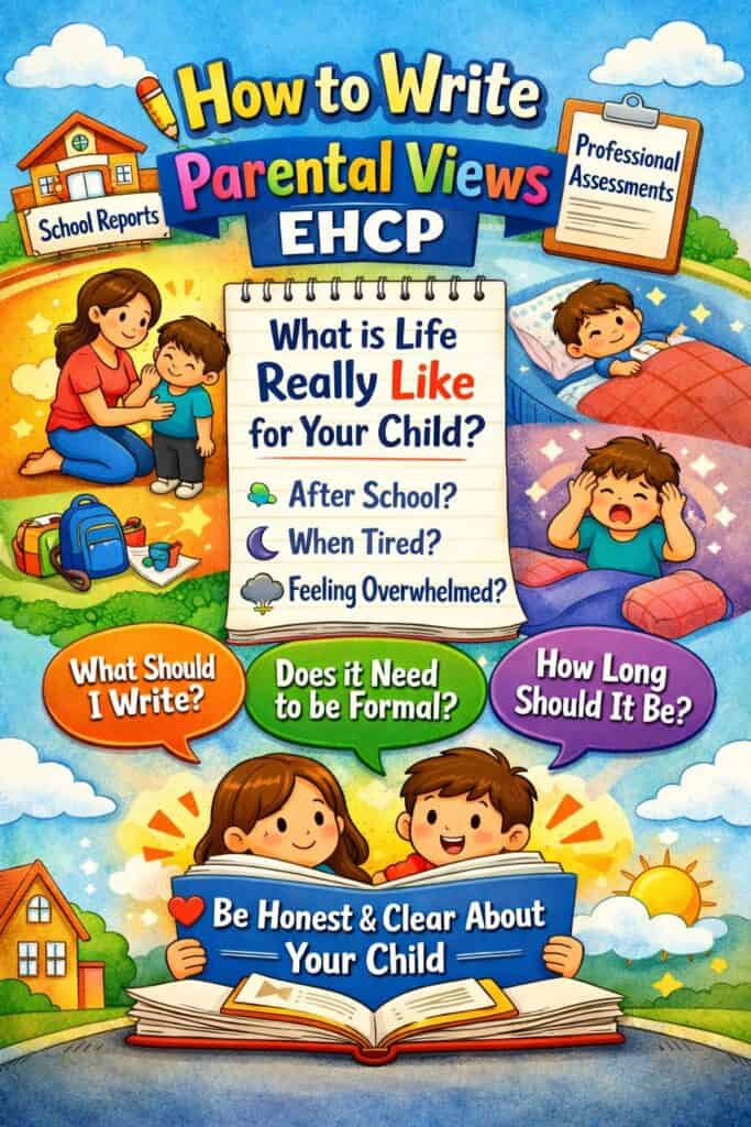 Colorful illustrated guide on writing parental views for an EHCP, with questions about a child's life, what to write, tips for being honest and clear, plus UK-specific EHCP parental advice and example templates.
