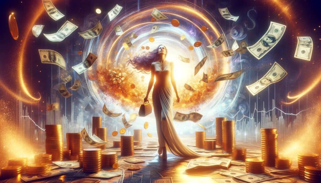 A woman standing in front of piles of money.