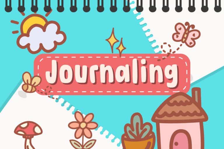 Illustration of journaling for mental clarity with a sun, cloud, butterflies, mushroom, flower, plant, and pink house on a blue and white background featuring a spiral notebook design.