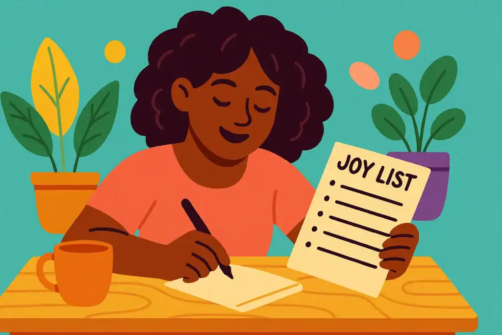 A person sits at a table holding a paper labeled "Joy List," writing in a notebook about frugal habits to save money, with plants and a mug nearby.