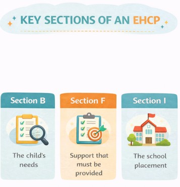 Infographic showing three sections of a draft EHCP: Section B (the child's needs), Section F (support that must be provided), and Section I (the school placement), with the EHCP explained at each stage.