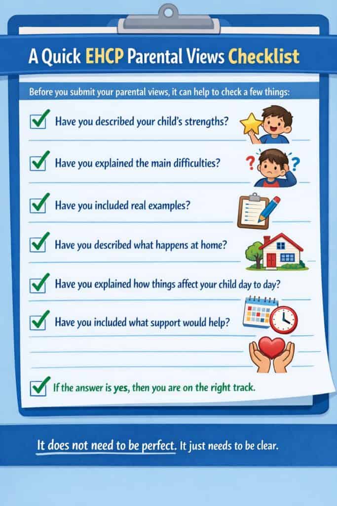 A checklist for EHCP parental views with six questions about strengths, difficulties, examples, home impact, daily effects, and needed support—perfect as a parental views EHCP template. Each item is clearly marked with a green check.