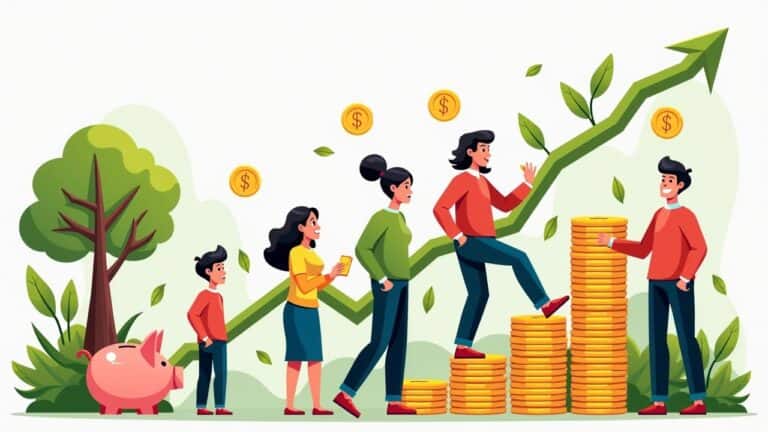 Illustration of five people near a money-filled piggy bank and stacked coins, symbolizing a strong financial foundation. A green upward trend line and dollar symbols rise amidst a backdrop of trees and leaves.