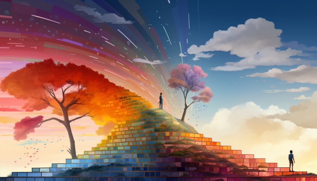 A man is achieving personal growth as he stands on top of a colorful pyramid.