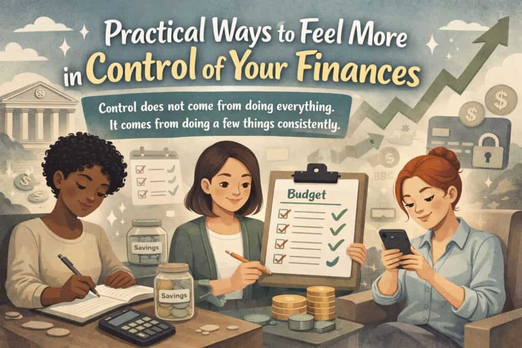 Three women manage finances with notebooks, savings jars, and a budget checklist—showing practical ways to feel more in control of your finances and how to reduce money stress, plus an advice quote for overcoming financial stress and anxiety.