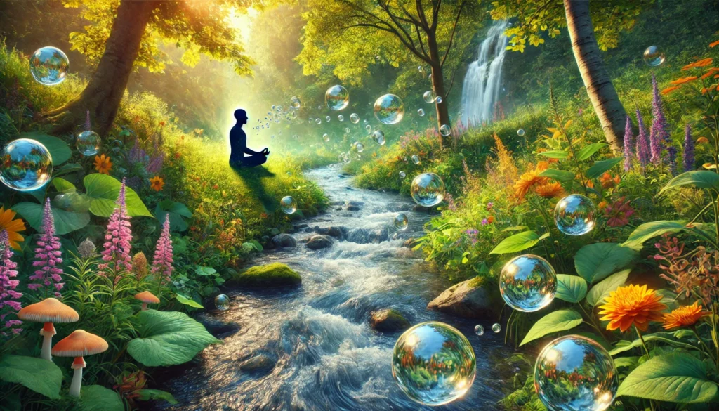 Feeling lost? Embrace tranquility as you meditate beside a flowing stream in a lush forest. Colorful flowers and floating bubbles surround you while sunlight filters through the trees, with a serene waterfall gracing the background.