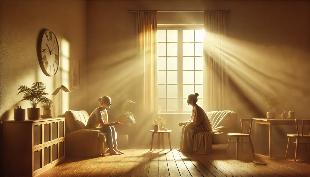 Two people sit and converse in a sunlit room, rays streaming through large windows. The space, a sanctuary of plants and simple furniture, offers solace—a gentle reminder of what to do when you feel lost: pause, connect, and find comfort in simplicity.