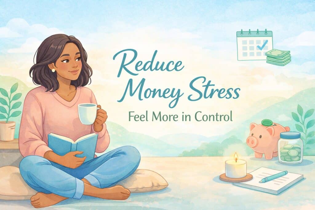 A woman sits cross-legged with a book and mug, next to a piggy bank, coins, candle, and calendar. Learn how to reduce money stress and feel more in control by addressing emotional spending habits.