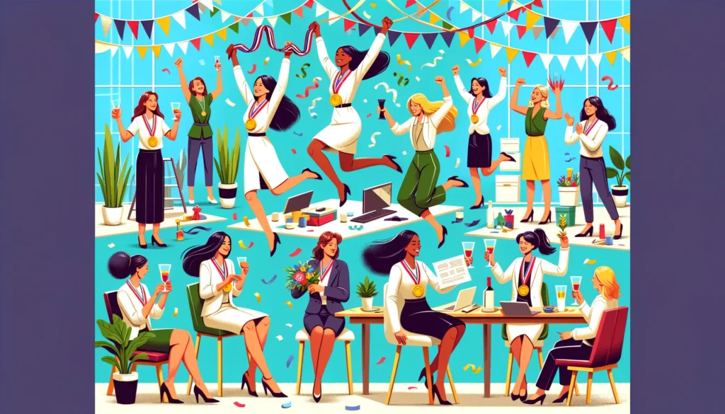 Women celebrating their successes in various settings, filled with joy, pride, and festive elements, reflecting a sense of community and personal achievement.