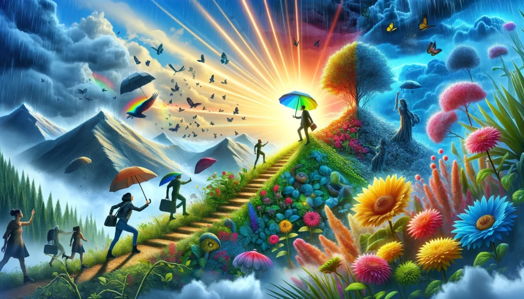 Scenes where individuals remain hopeful and positive amid obstacles, surrounded by symbols of optimism like rays of sunshine, colorful flowers, and cheerful facial expressions.