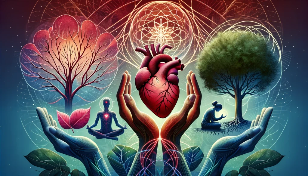 A heart encased in a protective barrier, a strong oak tree, a network of interlinked hands, representing the support systems and community bonds, a serene mind in meditation.