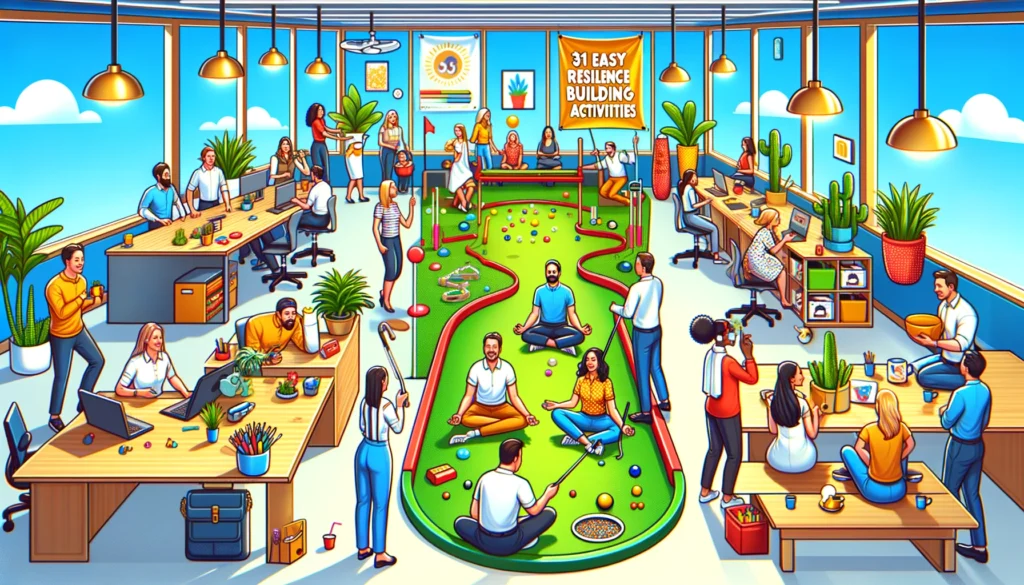 Office environment where employees participate in resilience in the workplace activities. The setting is bright and inviting, filled with humorous elements and playful competitions