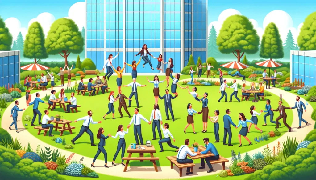 An outdoor environment, featuring a diverse group of office workers engaging in humorous and teamwork-oriented activities. 