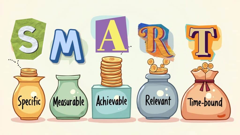 Illustration of jars labeled Specific, Measurable, Achievable, Relevant, and Time-bound, representing the SMART goals framework. Above them, "SMART" is spelled out in colorful letters, symbolizing the pillars of financial well-being principles within effective goal setting.