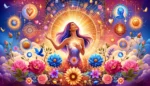 A woman in her 40s surrounded by vibrant flowers and elements like a halo of light that signify her wisdom and inner strength.