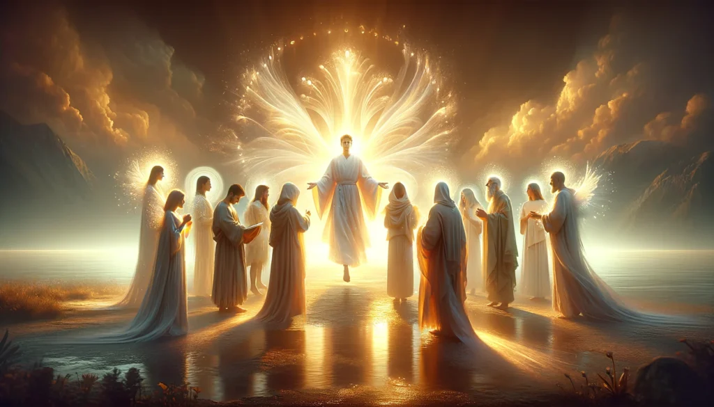 A serene and uplifting scene where individuals are depicted wearing garments made of light and warmth. 