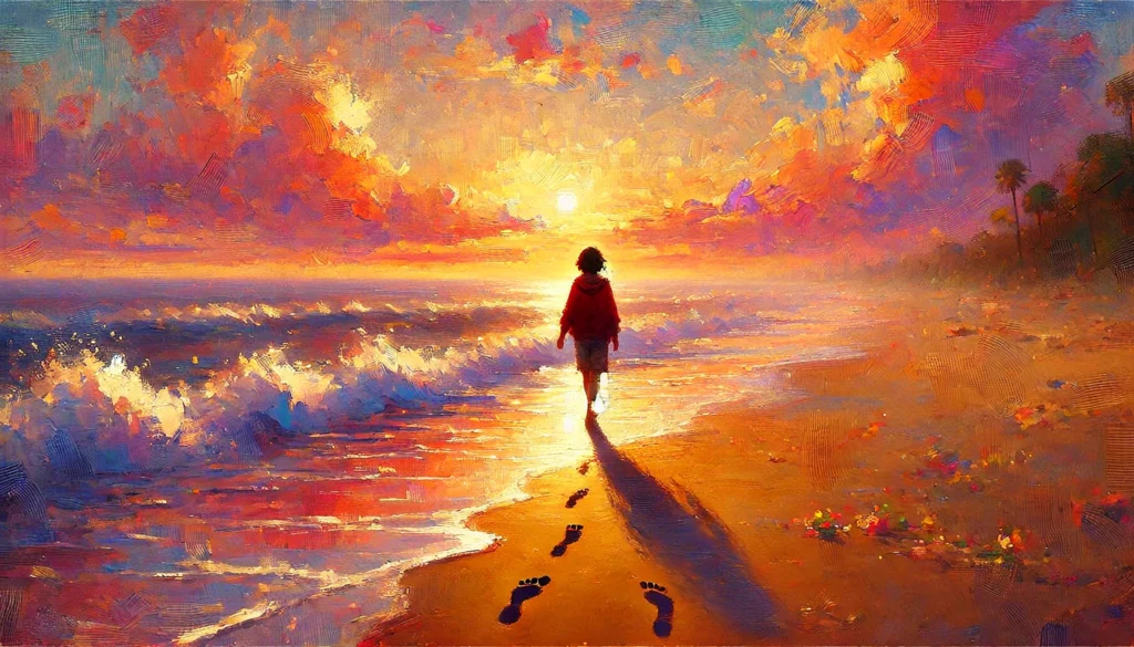 A person in a red hoodie walks along the beach at sunset, loving myself with each step and leaving footprints in the sand. Waves crash gently under a vibrant sky of orange, pink, and purple hues.