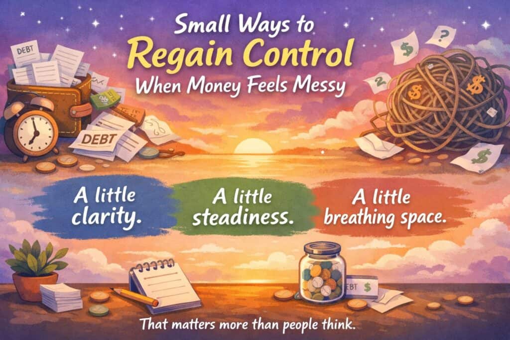 Illustration of financial papers, coins, and a tangled ball of string, with text about regaining control and learning how to reduce money stress by finding clarity, steadiness, and breathing space.
