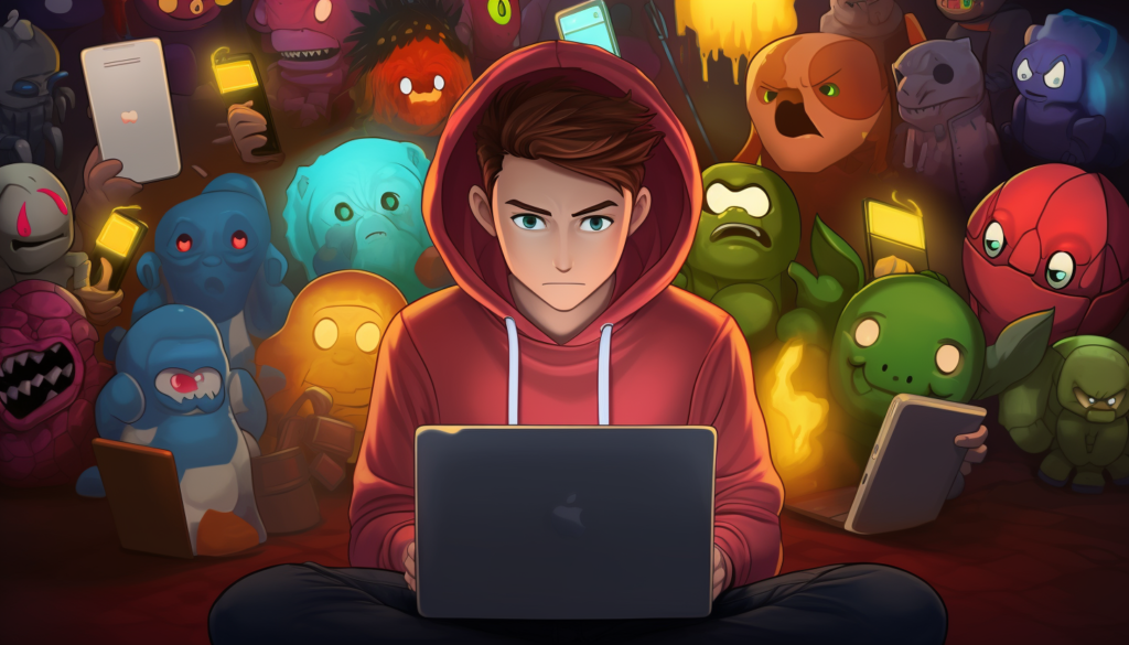 A man in a red hoodie with a laptop in front of a group of monsters.