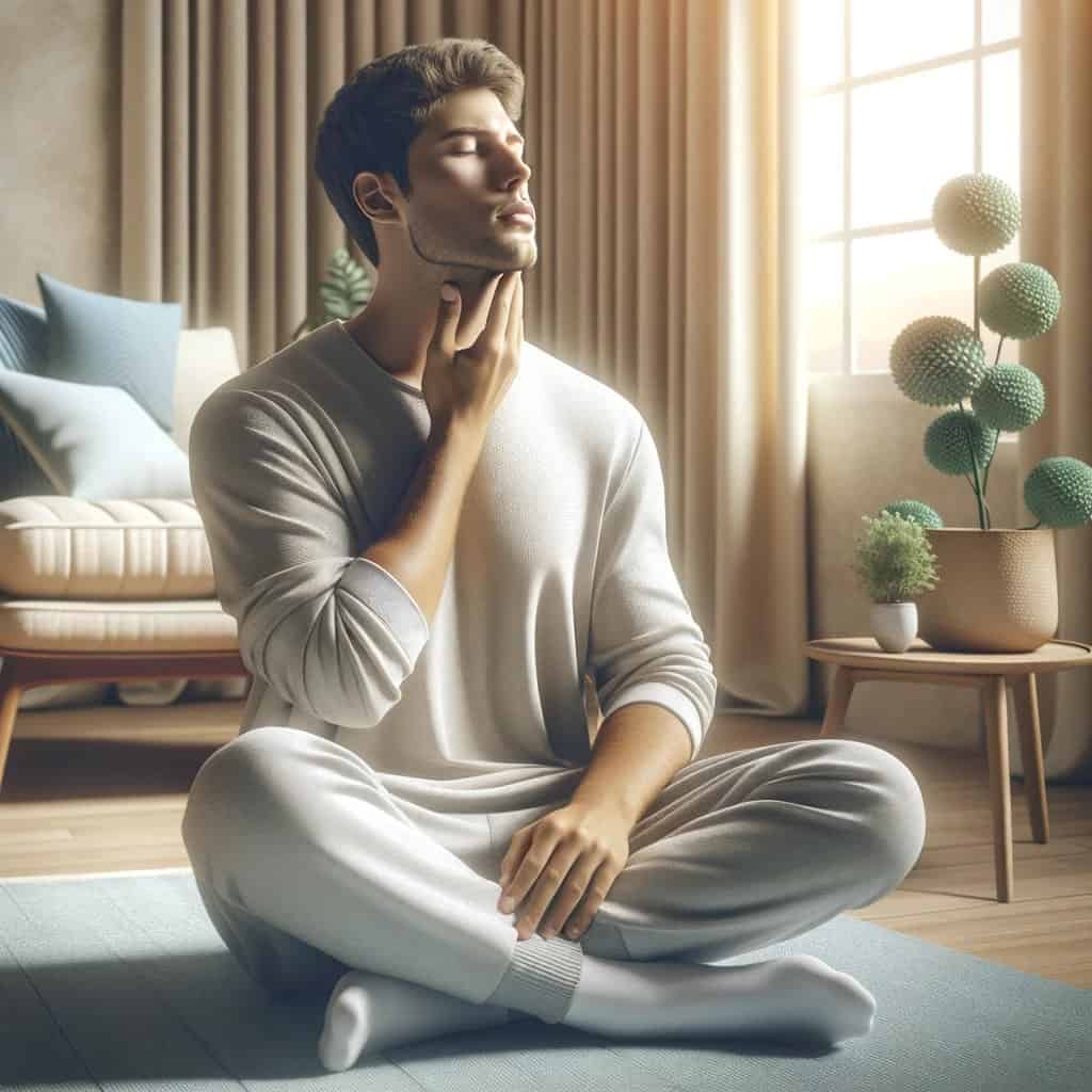 A man in pajamas is sitting on the floor in a living room, seeking ways on how to relieve stress and tension in jaw.