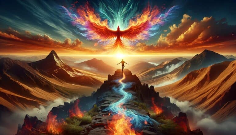 The phoenix, a symbol of rebirth and resilience, stands majestically atop a mountain in this awe-inspiring image. Depicting the ultimate guide to self-esteem.