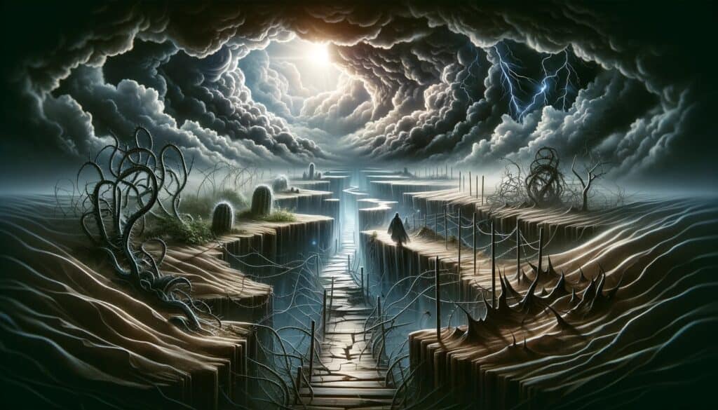 A painting of a path through the clouds.