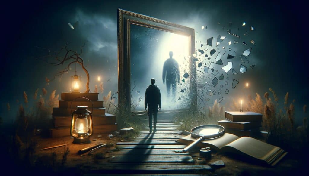 An image of a man standing in front of a mirror shattering.