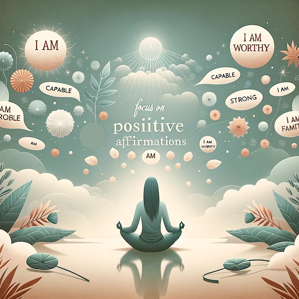 A peaceful scene with a  lady in a serene pose, surrounded by floating positive affirmations like 'I am capable',