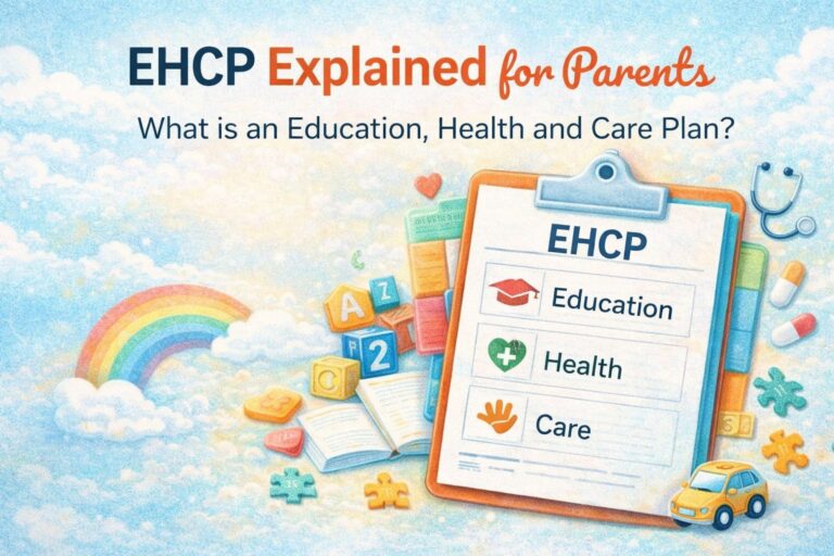 Illustration of an EHCP document labeled Education, Health, and Care, with school and medical icons, clouds, and a rainbow. Text reads, "EHCP Explained for Parents," including details about the EHC needs assessment process.