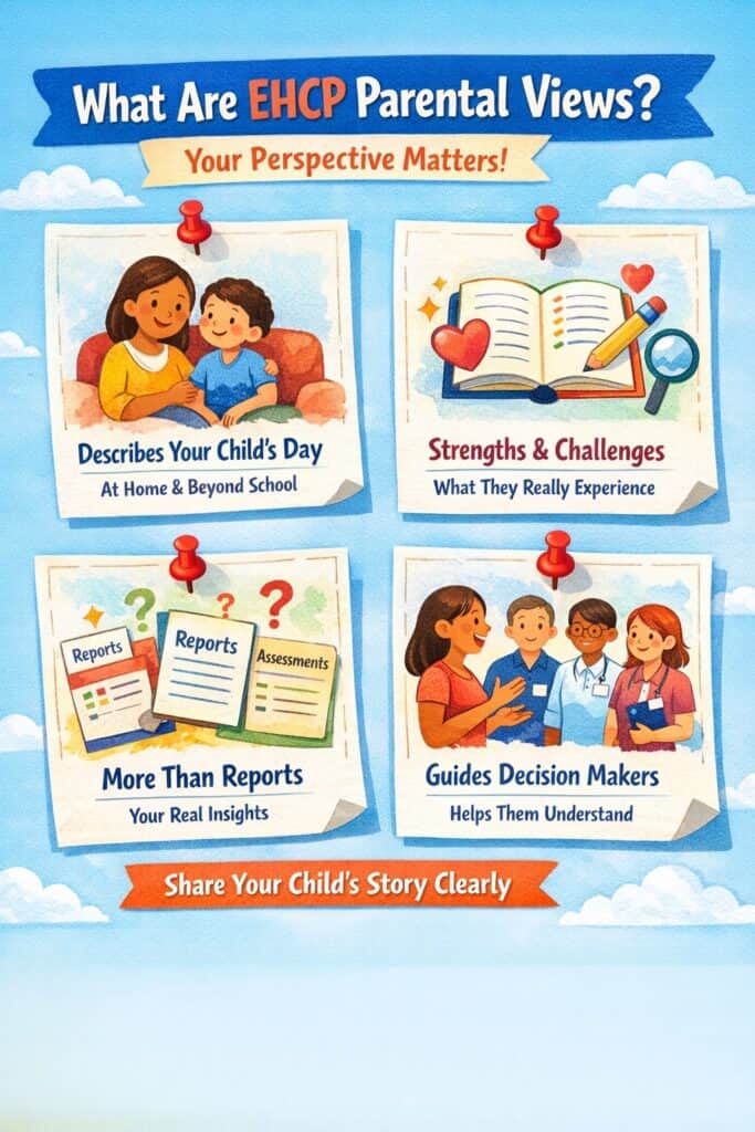 An infographic titled "What Are EHCP Parental Views?" with four sections explaining how EHCP parental views and advice in the UK help guide decision makers and reveal a child’s real experiences.