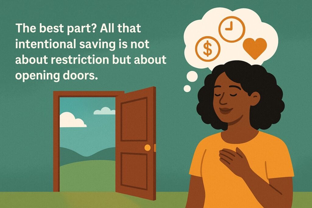 Illustration of a woman standing by an open door, eyes closed, hand on chest, with thought bubbles showing a clock, dollar sign, and heart. Text highlights how frugal living opens doors to time, savings, and happiness.