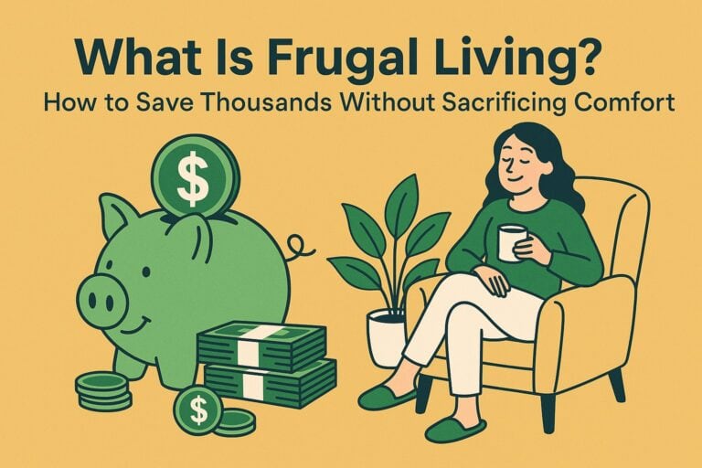 Illustration of a woman sitting in a chair with a mug, next to a large piggy bank and stacks of cash, with the text: "What Is Frugal Living? How to Save Thousands Without Sacrificing Comfort.