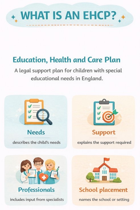 Infographic with EHCP explained: a legal support plan for children with special educational needs in England, covering EHC needs assessment, required support, involved professionals, and school placement—even at the draft EHCP stage.