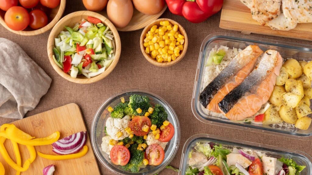 Discover frugal living with a colorful array of healthy foods—salmon, chicken, potatoes, eggs, fresh vegetables, corn, and salad—beautifully arranged on a brown surface.
