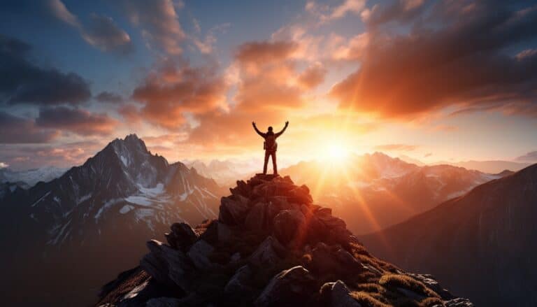 a person standing triumphantly at the summit of a mountain, arms raised in victory, with the sun rising in the background