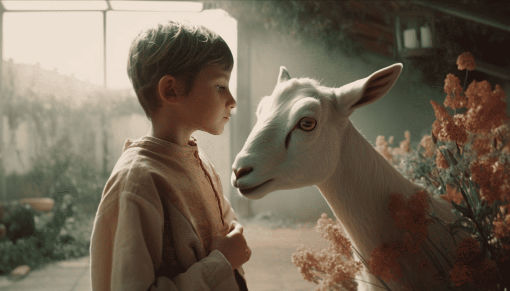 a boy being friends with a llama