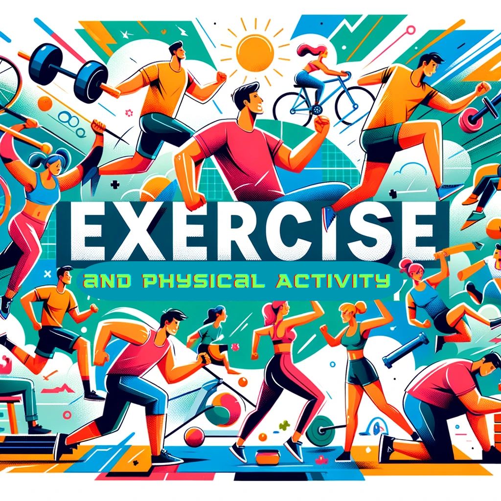 Cartoon characters engaged in various forms of exercise like running, yoga, weightlifting, and cycling.