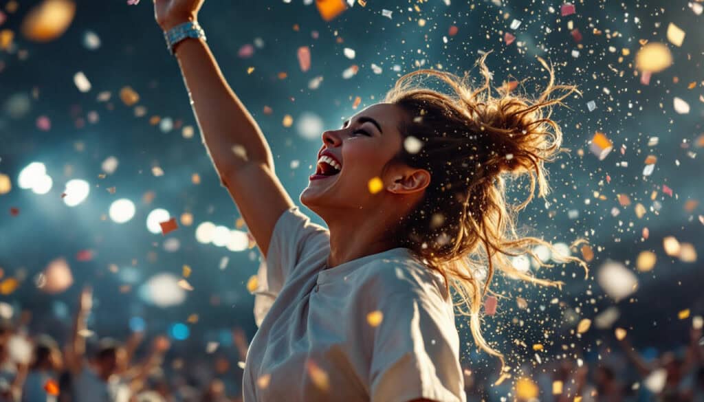 A person joyfully cheers amidst falling confetti in a brightly lit, crowded outdoor setting.