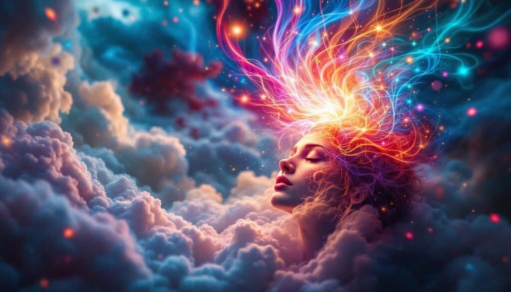 A woman's face emerges from clouds, her hair transforming into vibrant, swirling streams of colorful light—an inspiring vision of self-growth and confidence building activities set against a dreamy, cosmic background.