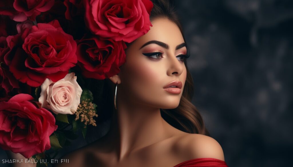 A beautiful lady with red rose on her head.