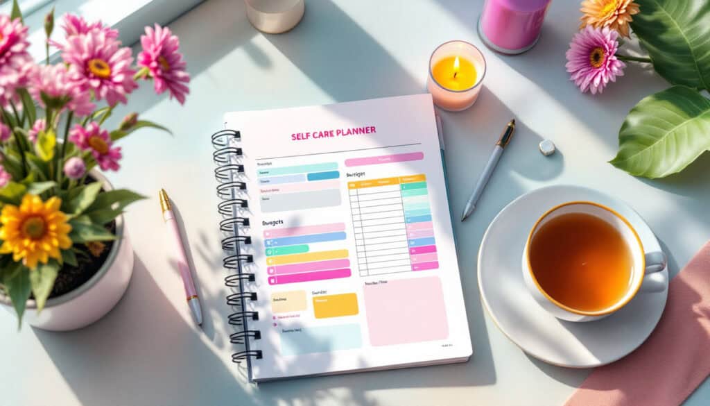 Open self-care planner on a desk with a cup of tea, flowers, and a burning candle. A pen rests beside it, ready for your thoughts. Nearby, a small plant adds life as you consider your self-care budget to nurture both body and soul.