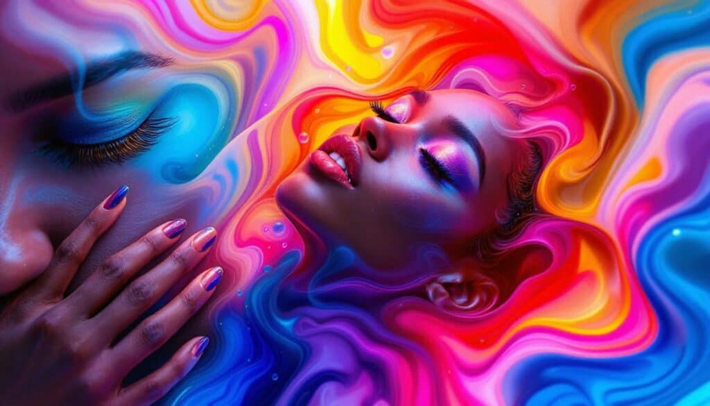 A woman with bright, colorful makeup is surrounded by swirling, multicolored abstract patterns, her eyes closed and hand resting on her face—evoking the serenity found in confidence-building activities for adults.