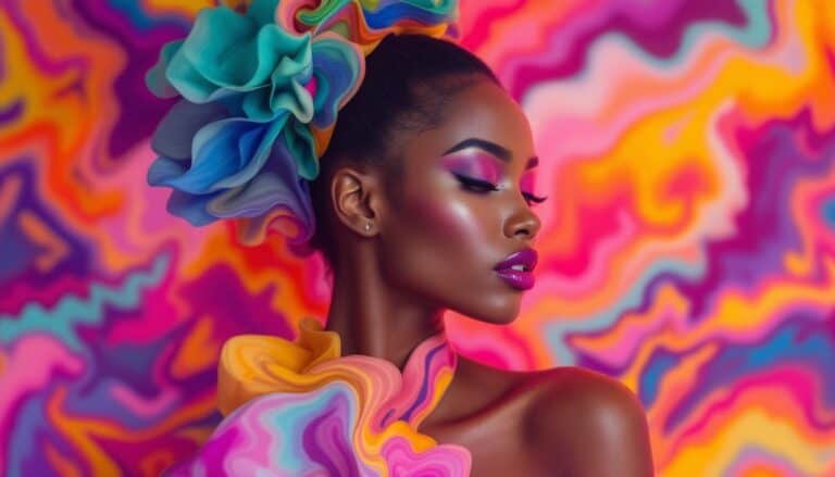 Woman with colorful makeup and large fabric floral headpiece poses against a vibrant, abstract multicolored background, embodying the bold spirit often inspired by confidence-building activities.